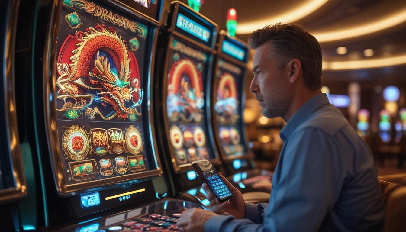 Seorang pemain di kasino modern sedang menjalankan modal sambil bermain mesin slot bertema naga dengan desain berwarna cerah.