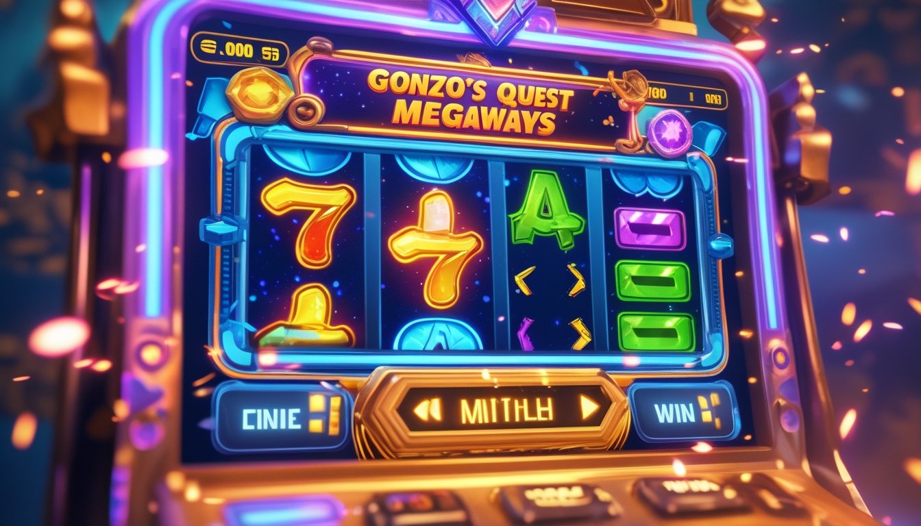 Tampilan mesin slot digital berwarna-warni dengan simbol jatuh dan ikon pengganda yang bersinar, dengan latar belakang arsitektur kuno yang menggambarkan tema petualangan.