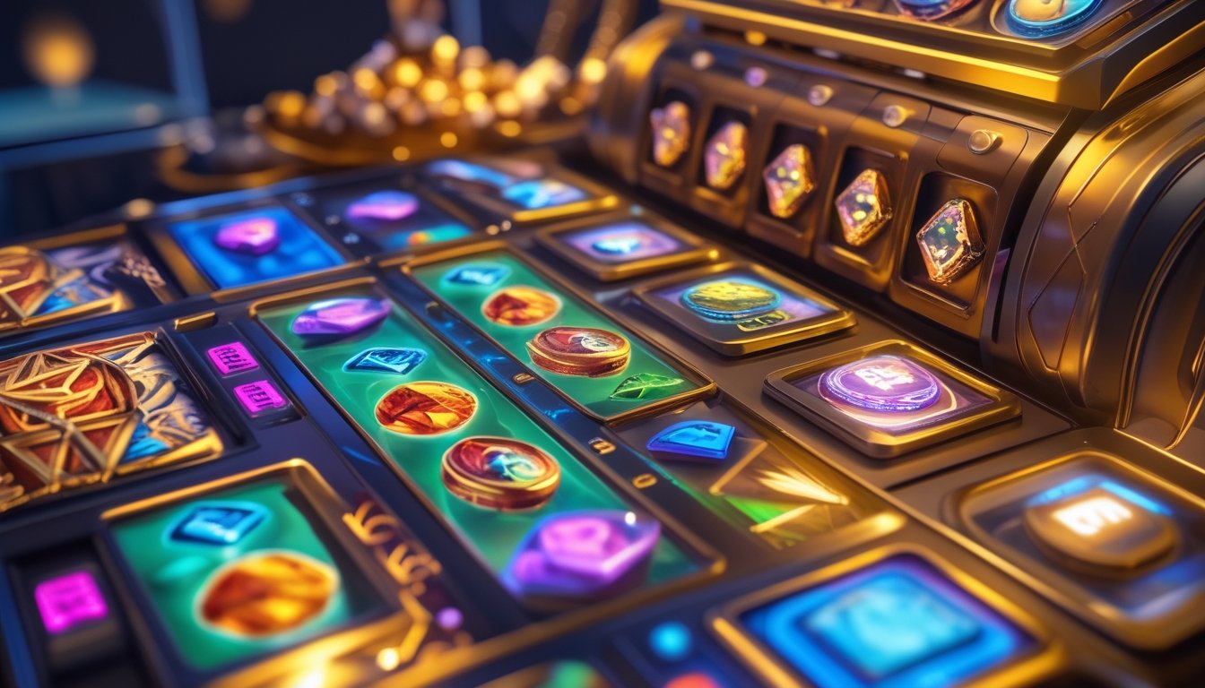 Tampilan permainan slot online dengan simbol jatuh bertingkat dan indikator pengganda yang menyala.