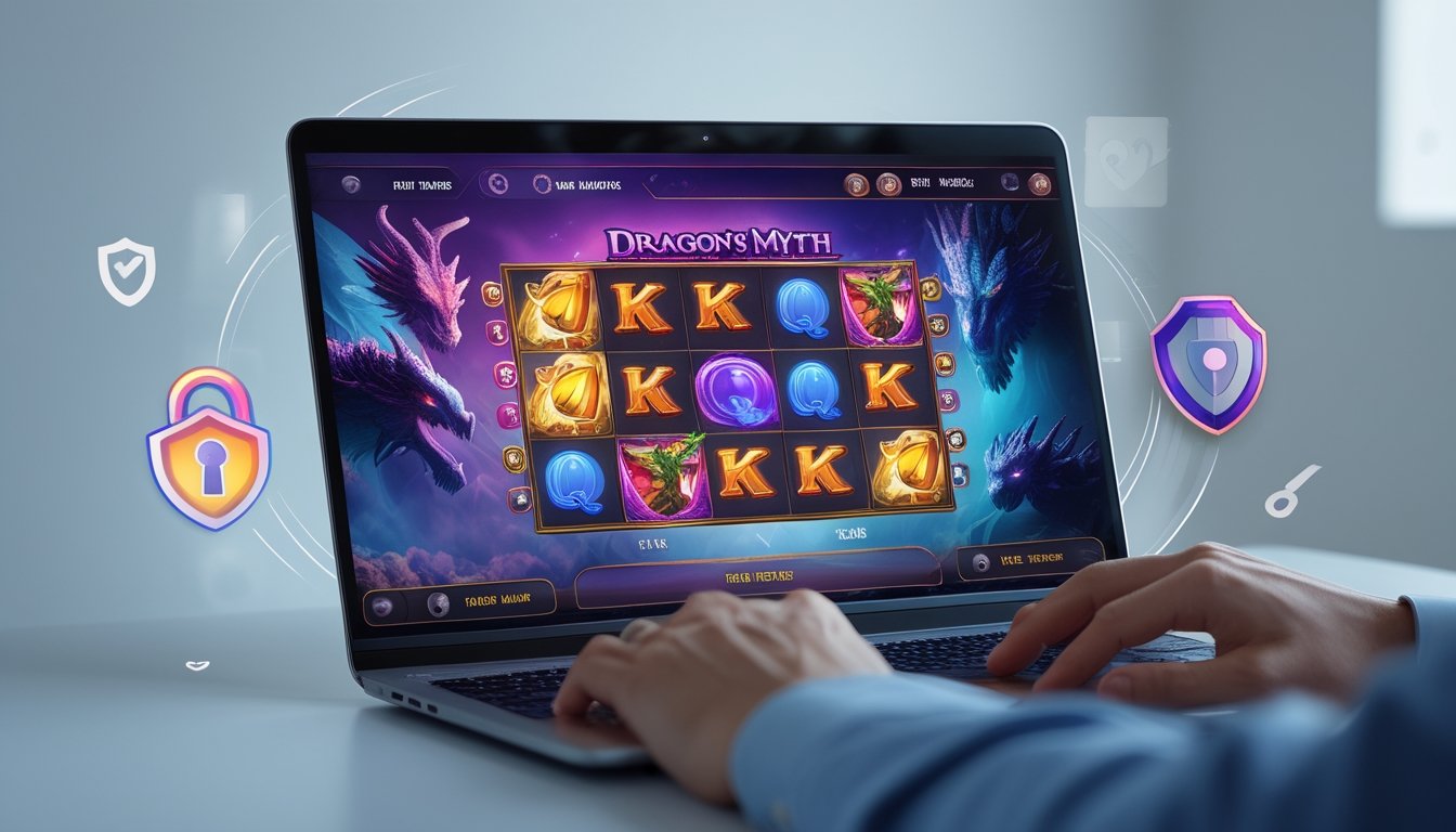 Seseorang menggunakan komputer dengan permainan slot bertema naga di layar, dikelilingi ikon keamanan yang menunjukkan platform yang aman dan mudah digunakan.