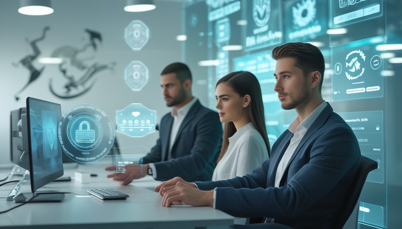 Dua orang dewasa sedang menggunakan antarmuka digital dengan ikon keamanan dan tema naga di kantor teknologi modern.