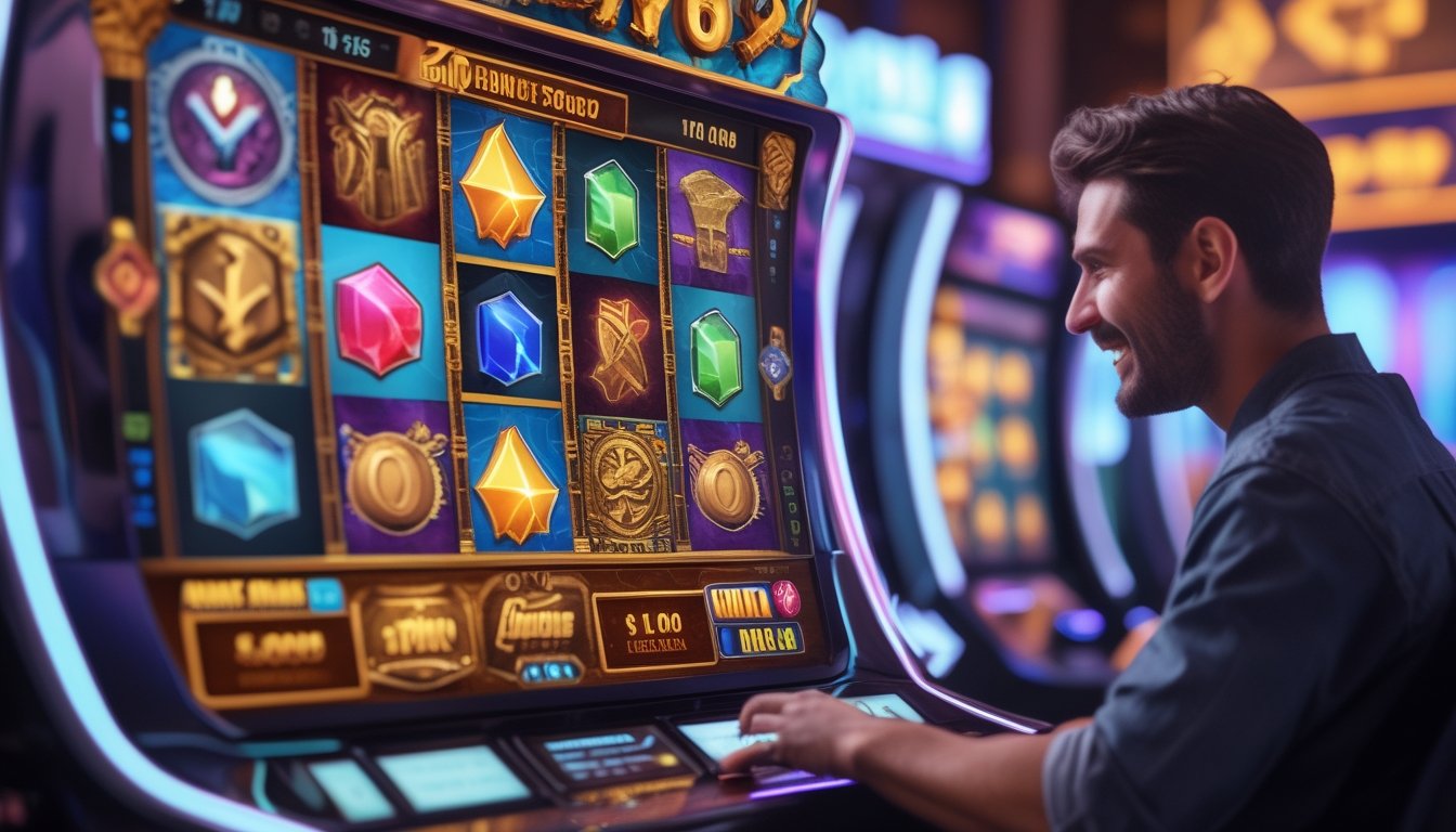 Seorang pemain fokus bermain mesin slot dengan simbol warna-warni dan efek cahaya yang menunjukkan fitur bonus dalam permainan.