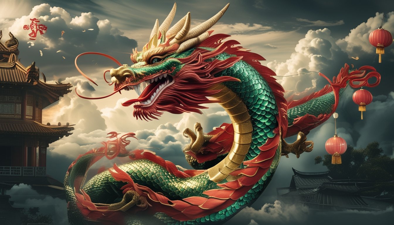Seekor naga Asia yang megah dengan elemen mitologi kuno di sekitarnya, termasuk arsitektur kuil dan lentera tradisional.