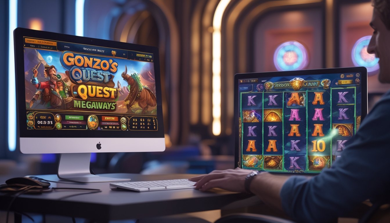 Seseorang bermain permainan slot online dengan latar ruangan game modern yang menampilkan komputer dan ponsel dengan grafik permainan petualangan dan naga.
