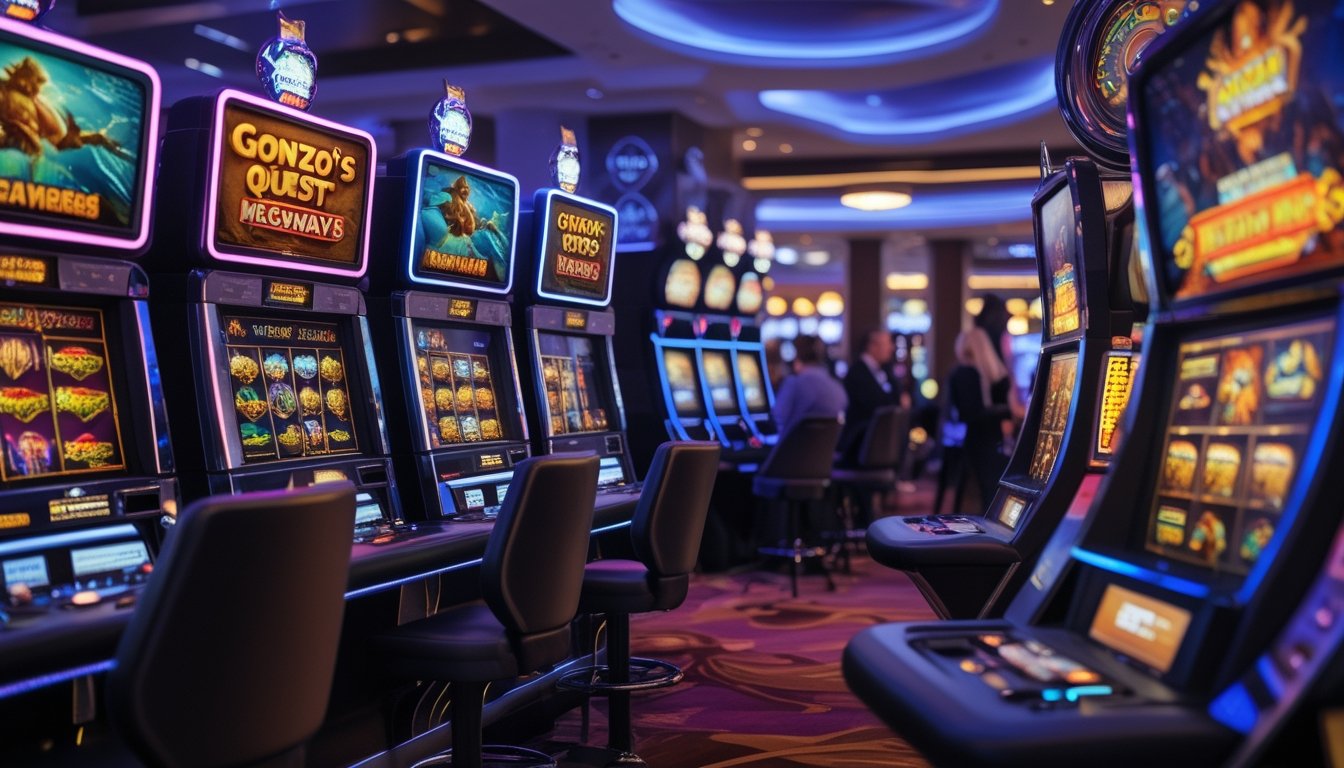 Suasana kasino modern dengan mesin slot berwarna-warni bertema petualangan dan mitologi, dengan pemain yang menikmati permainan.