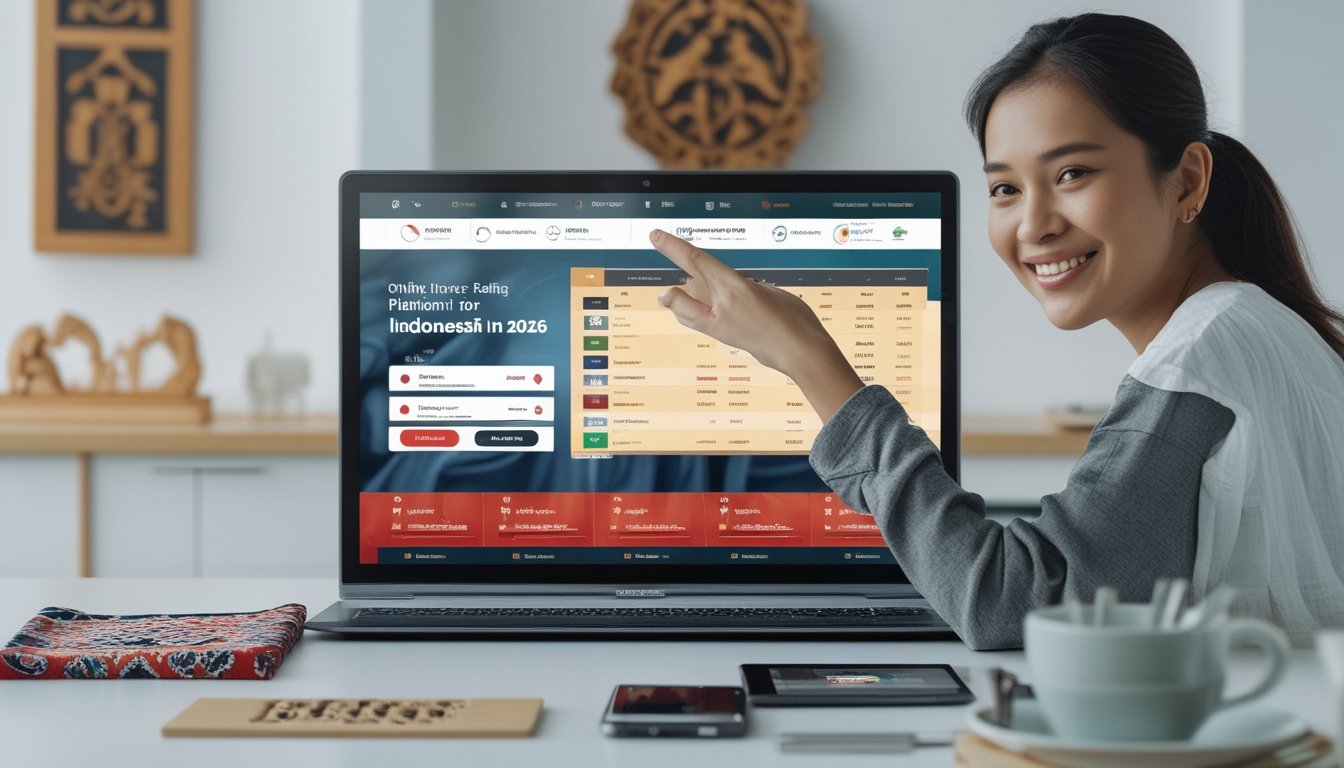 Seorang pemuda Indonesia menggunakan laptop dan ponsel untuk mengakses platform balap kuda online dengan latar belakang elemen budaya Indonesia dan layar menampilkan trek balap kuda.