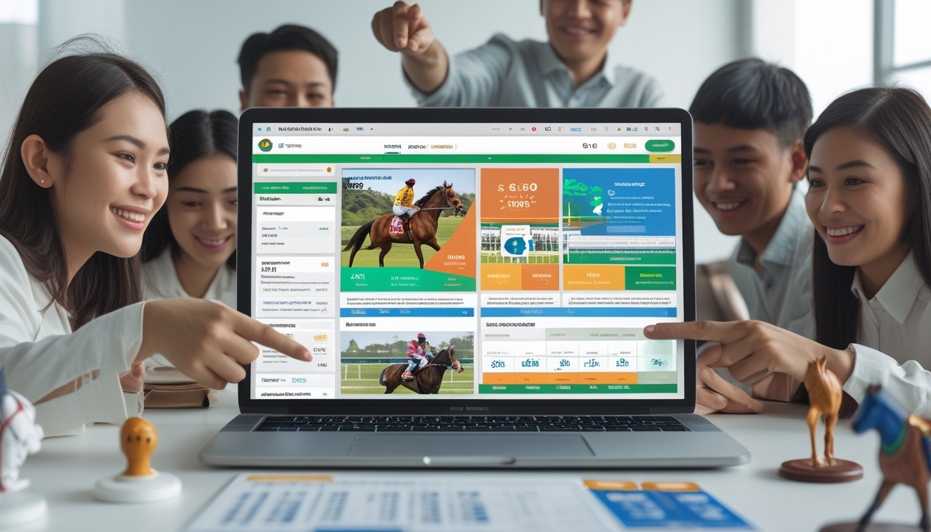 Beberapa orang muda Indonesia sedang menggunakan platform balap kuda online di laptop dalam suasana cerah dan ramah.
