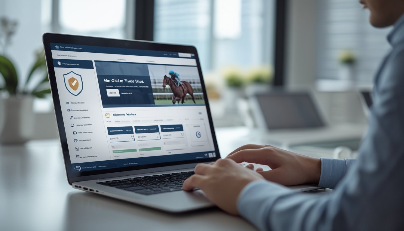 Seseorang menggunakan laptop dengan tampilan platform balap kuda online yang aman, di kantor yang terang dan rapi.