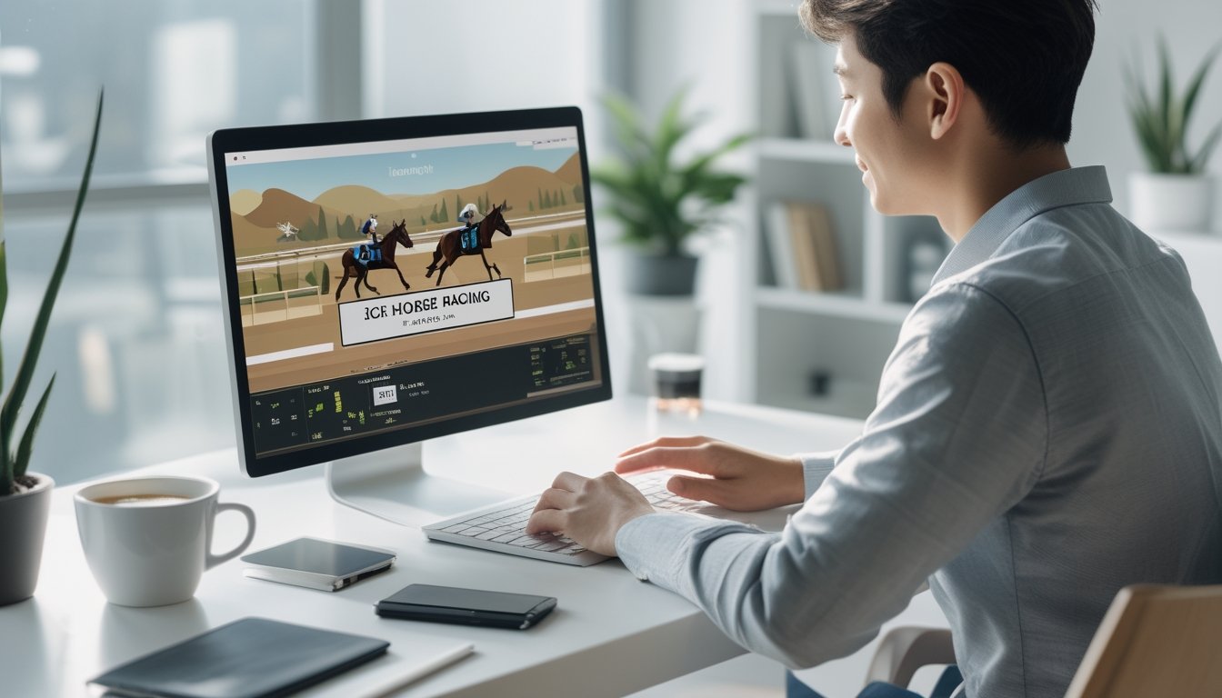 Seorang pemula duduk di meja dengan laptop, melihat platform balap kuda digital dengan suasana terang dan rapi.