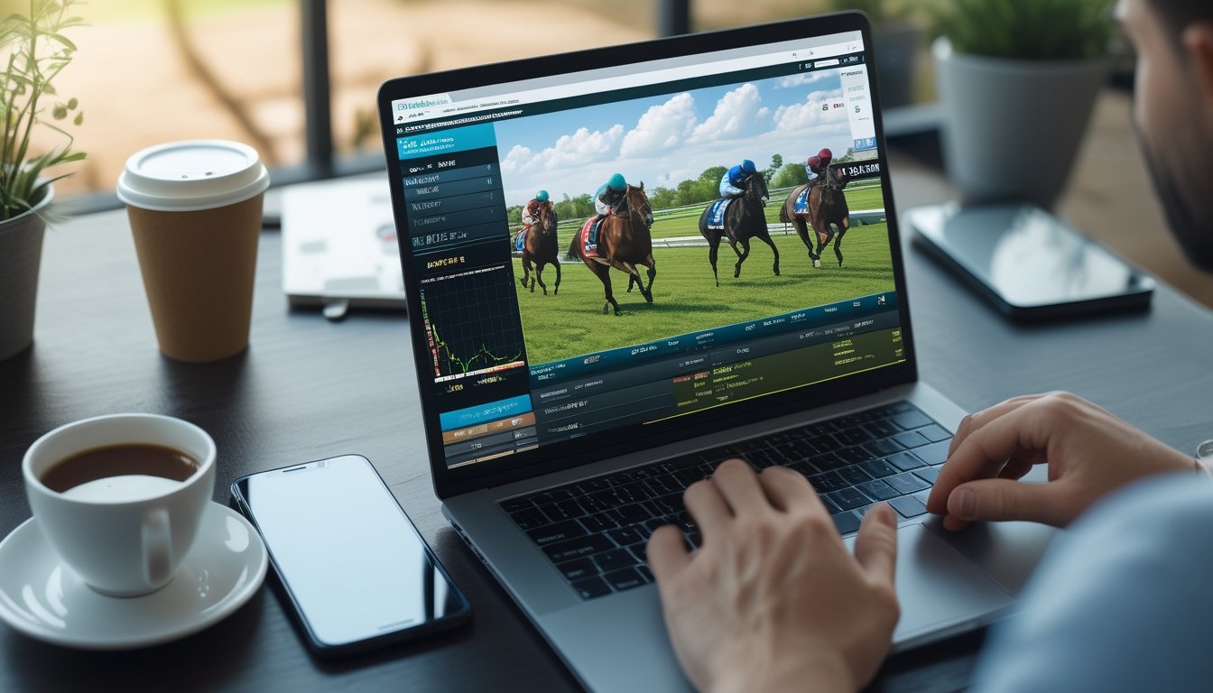 Layar laptop menampilkan platform balap kuda online dengan statistik balapan real-time, di meja kerja dengan kopi dan ponsel di sampingnya.