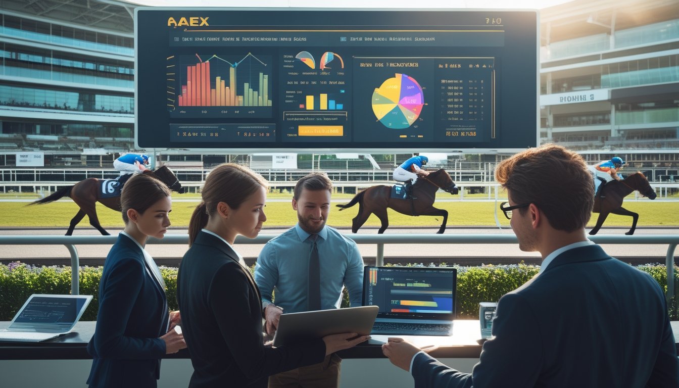 Sejumlah profesional sedang menganalisis statistik balapan kuda secara real-time dengan latar belakang lintasan balap kuda dan kuda yang sedang berlari.