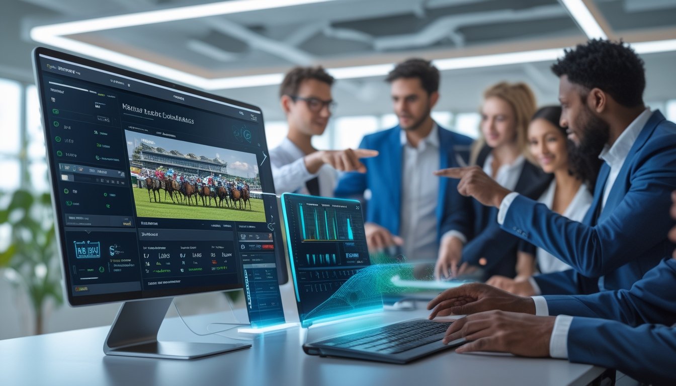 Beberapa profesional muda sedang menggunakan teknologi digital untuk mengikuti balap kuda secara online di sebuah kantor modern.