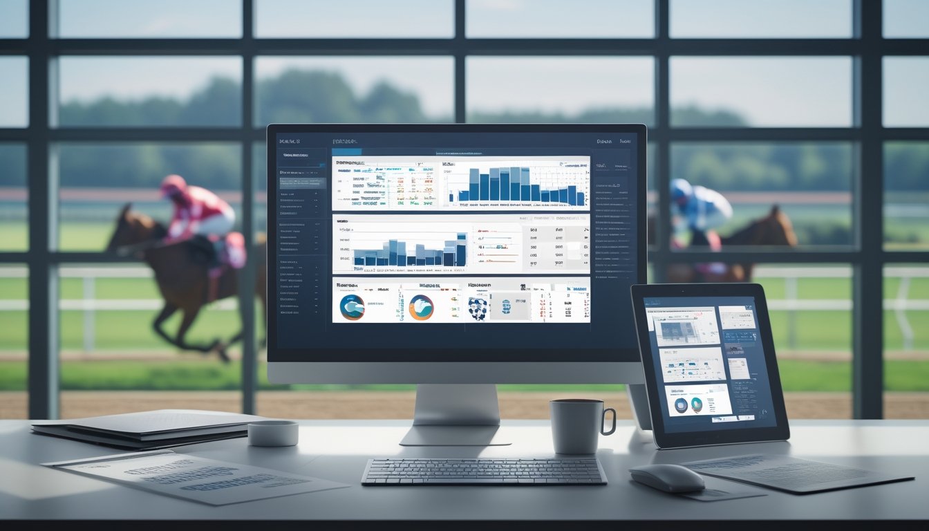 Sebuah ruang kerja modern dengan komputer yang menampilkan grafik dan data balap kuda, serta latar belakang lintasan balap kuda dengan joki yang sedang berlomba.