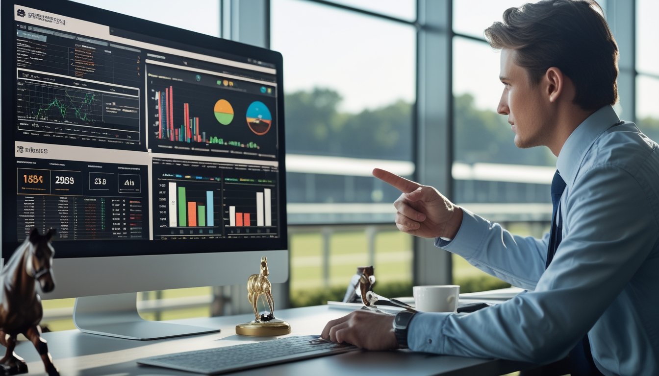 Seorang analis profesional sedang melihat data dan grafik tentang balap kuda di depan komputer di sebuah kantor modern dengan pemandangan lintasan balap kuda di luar jendela.