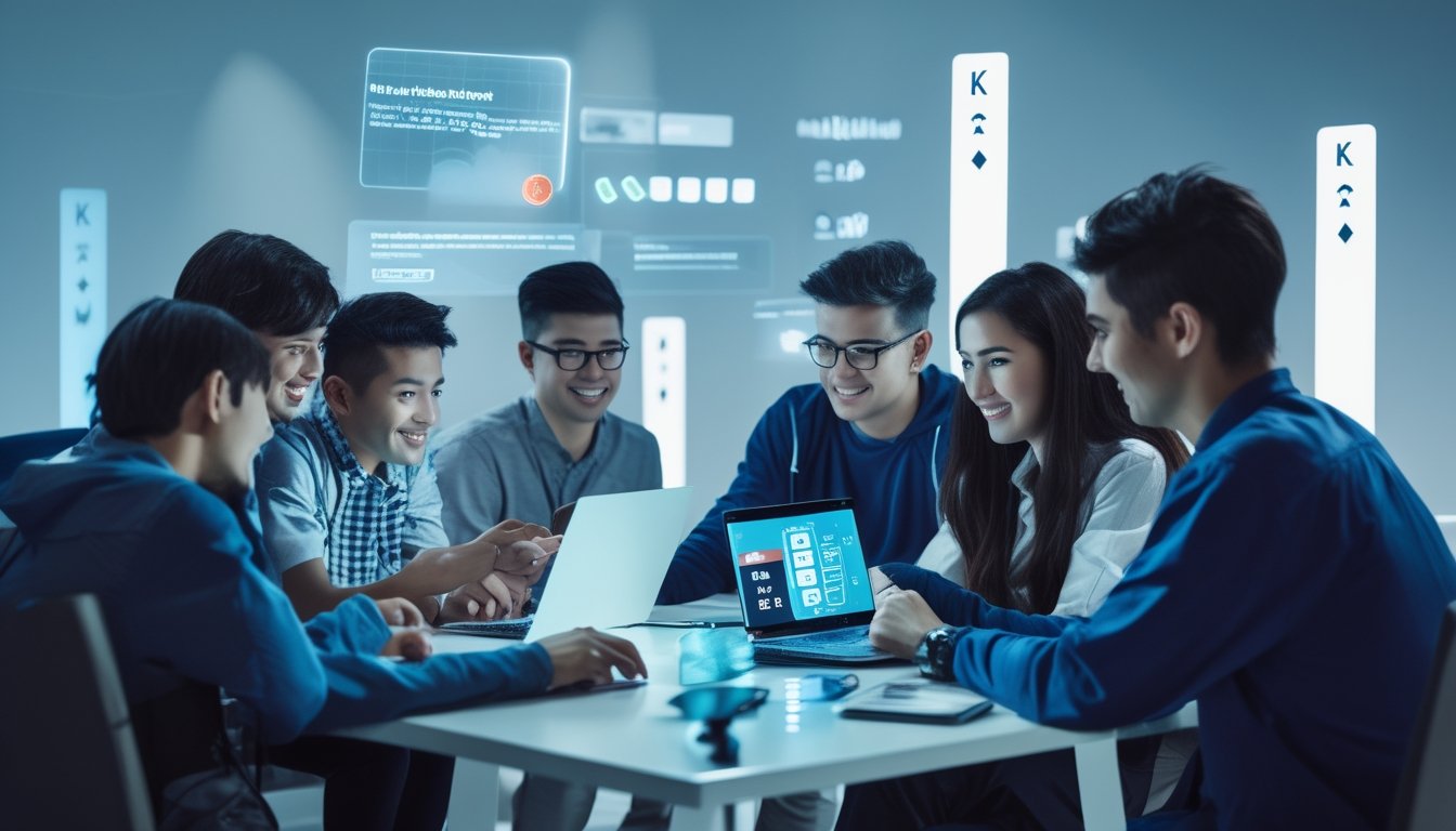 Sekelompok orang muda sedang bermain permainan kartu online bersama di meja dengan perangkat digital.