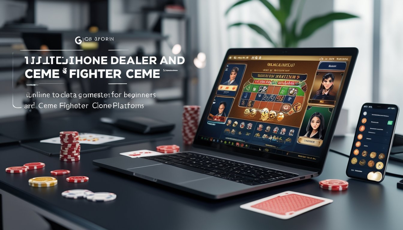 Seorang pemain menggunakan laptop di meja kerja dengan tampilan permainan kartu Ceme online di layar, dikelilingi oleh chip poker dan kartu remi.