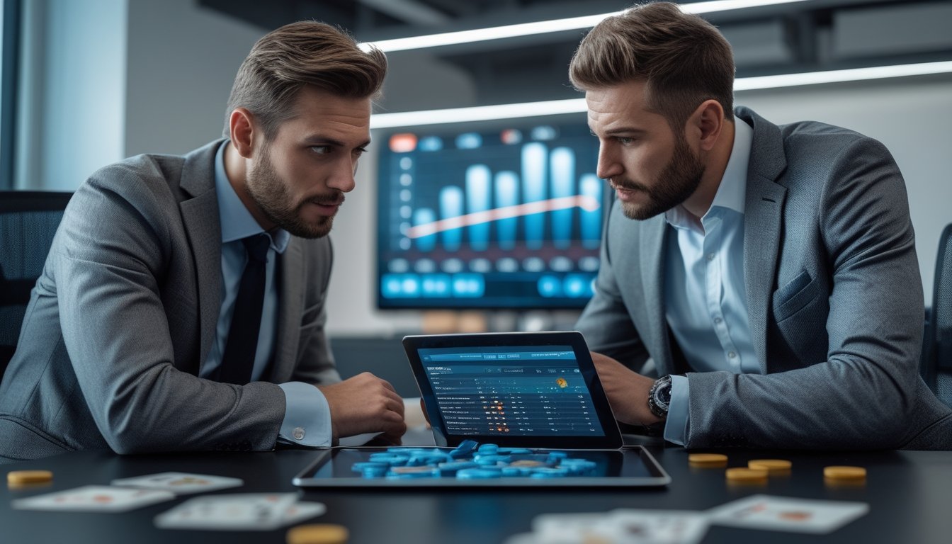 Dua pria sedang berdiskusi serius di kantor dengan tablet digital yang menampilkan statistik permainan dan grafik.