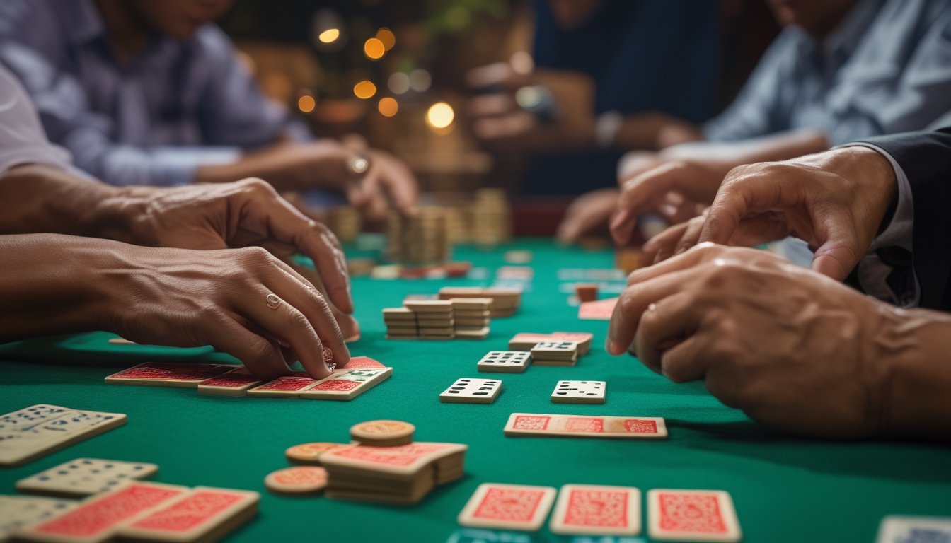 Beberapa orang sedang bermain permainan Ceme di meja hijau dengan domino dan chip taruhan, satu kelompok sebagai dealer dan kelompok lain sebagai pemain.