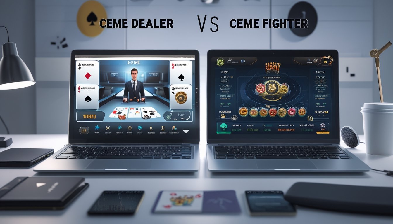 Meja kerja modern dengan laptop yang menampilkan dua antarmuka permainan online Ceme Dealer dan Ceme Fighter secara berdampingan.