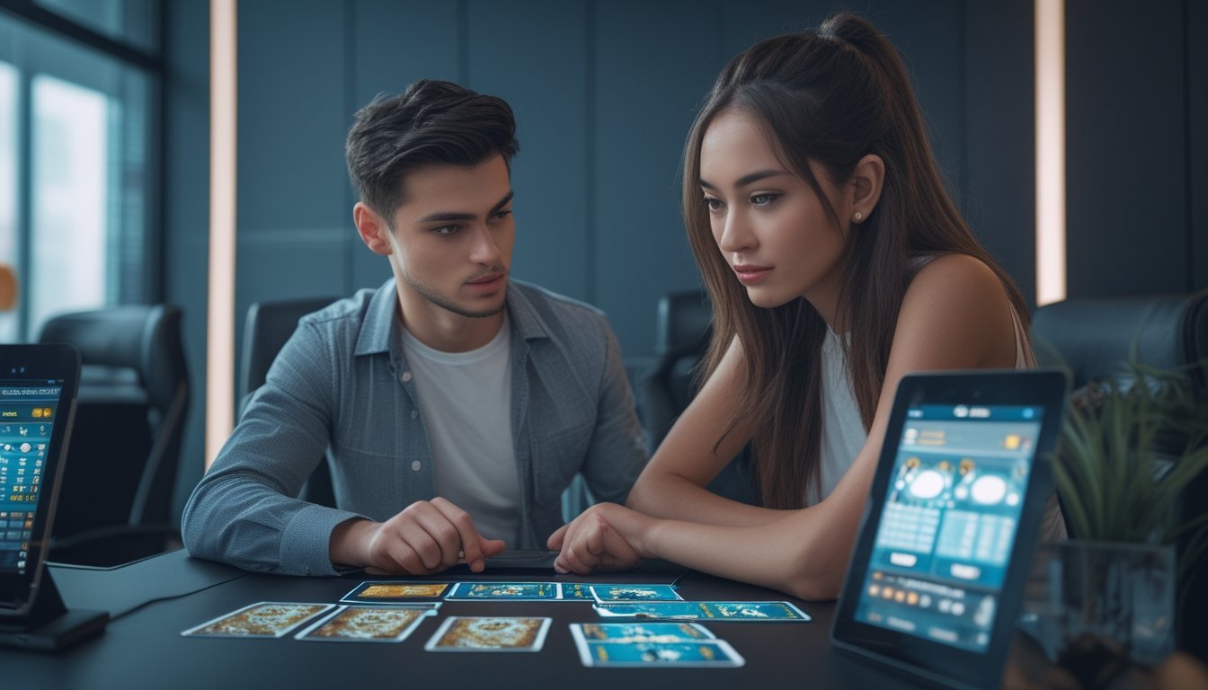 Dua orang muda sedang bermain permainan kartu online di meja dengan perangkat digital, satu sebagai dealer dan satu sebagai fighter.