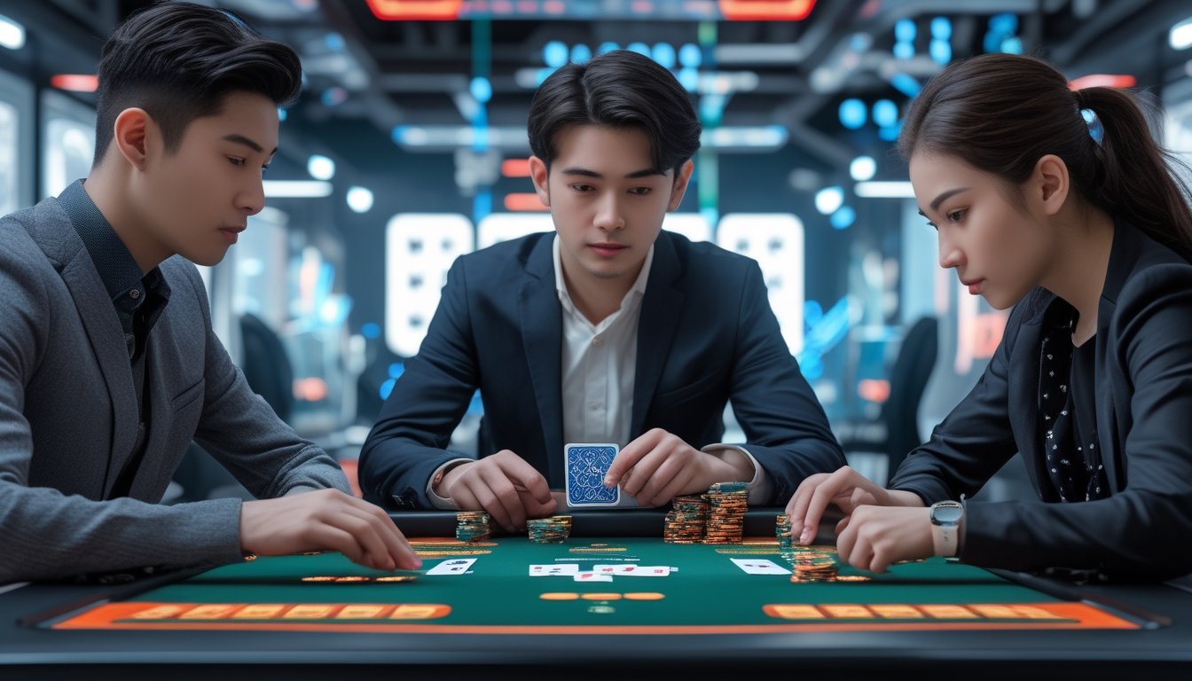 Dua orang sedang bermain permainan kartu online dengan satu sebagai dealer dan satu sebagai fighter di meja digital.