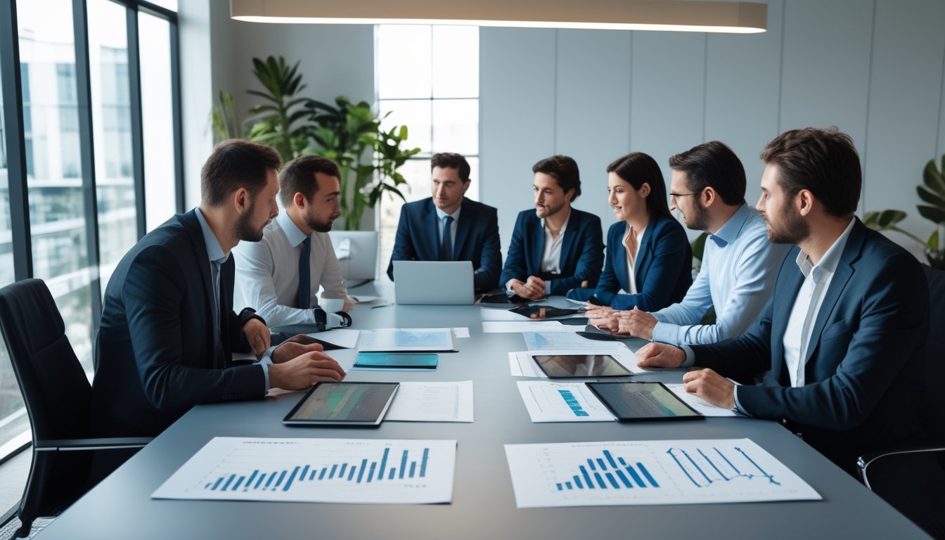 Beberapa profesional bisnis sedang berdiskusi di meja kerja dengan laptop dan dokumen di kantor yang terang dan modern.