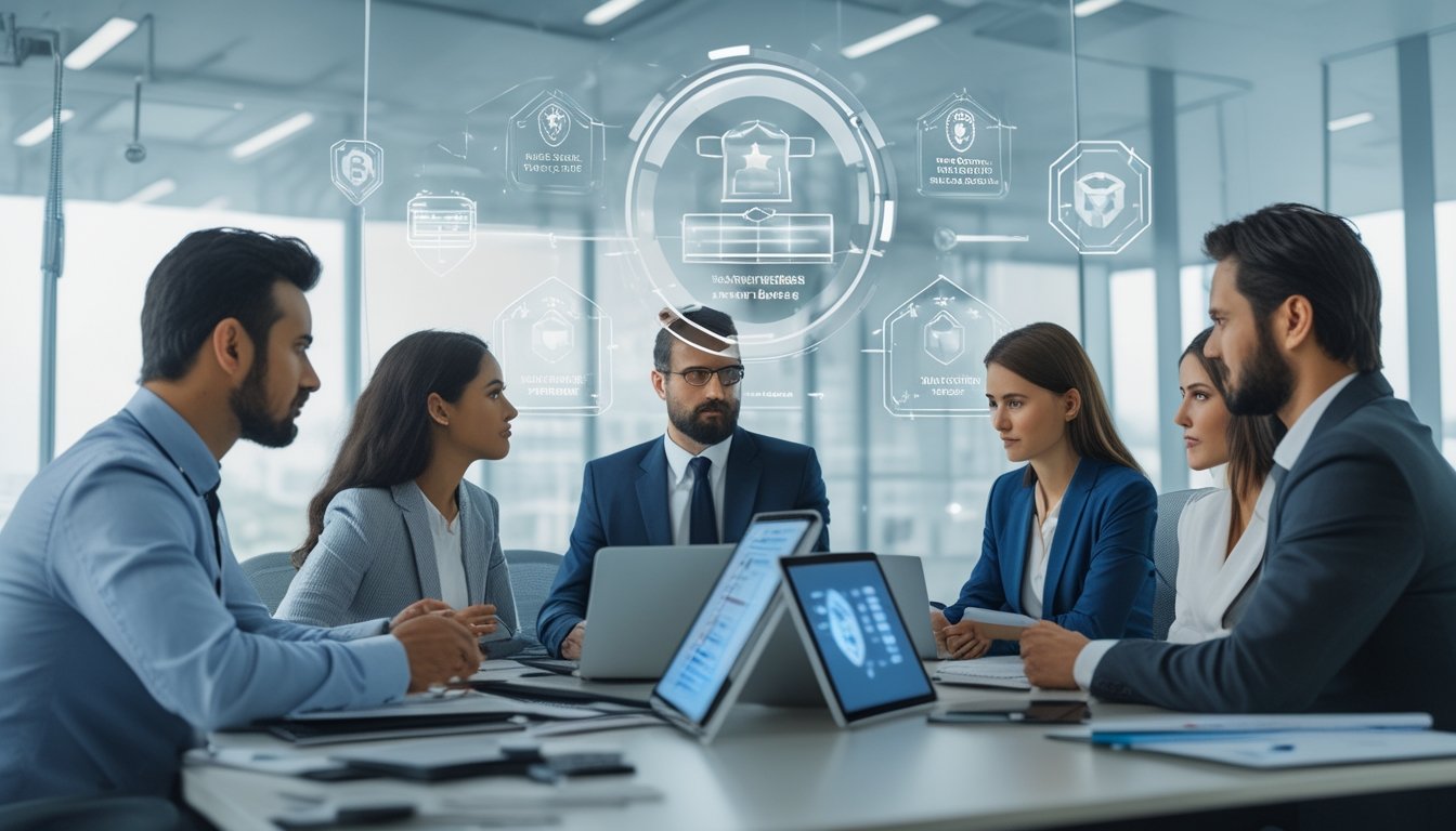 Sekelompok profesional bisnis berdiskusi di ruang kantor modern dengan perangkat digital dan ikon lisensi di latar belakang.