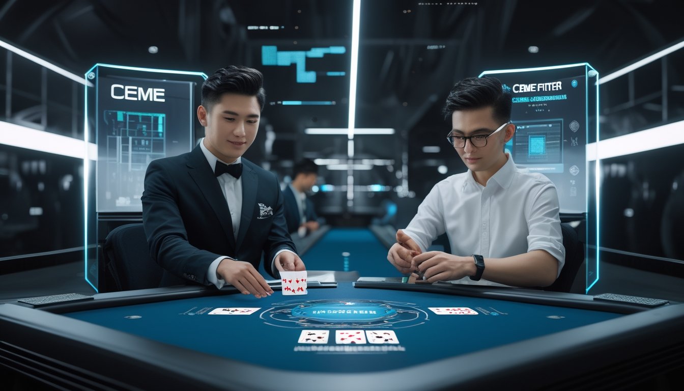 Seorang dealer profesional dan pemain Ceme sedang bermain kartu digital di meja permainan modern dengan latar belakang teknologi futuristik.