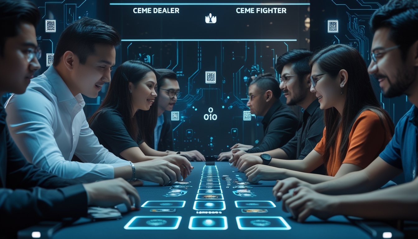 Sekelompok orang bermain permainan kartu Ceme dengan meja permainan modern dan tampilan digital di latar belakang.