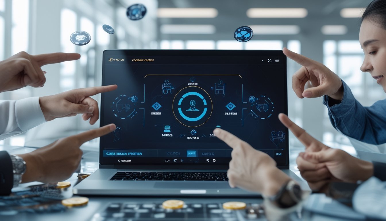 Beberapa tangan beragam orang menunjuk dan berinteraksi dengan layar laptop yang menampilkan antarmuka digital di lingkungan kantor yang terang dan bersih.