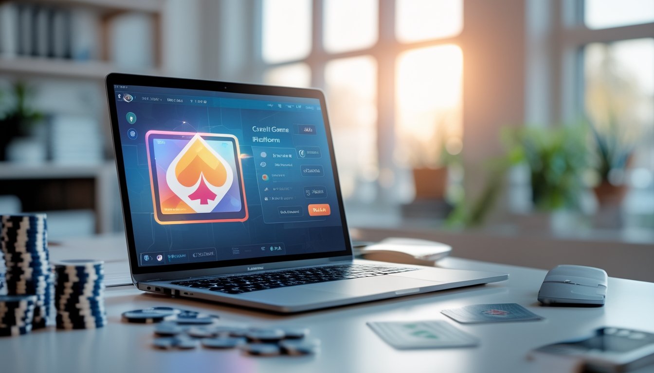 Meja kerja modern dengan laptop menampilkan antarmuka permainan kartu, dikelilingi chip permainan dan ponsel, di ruang kantor yang terang.