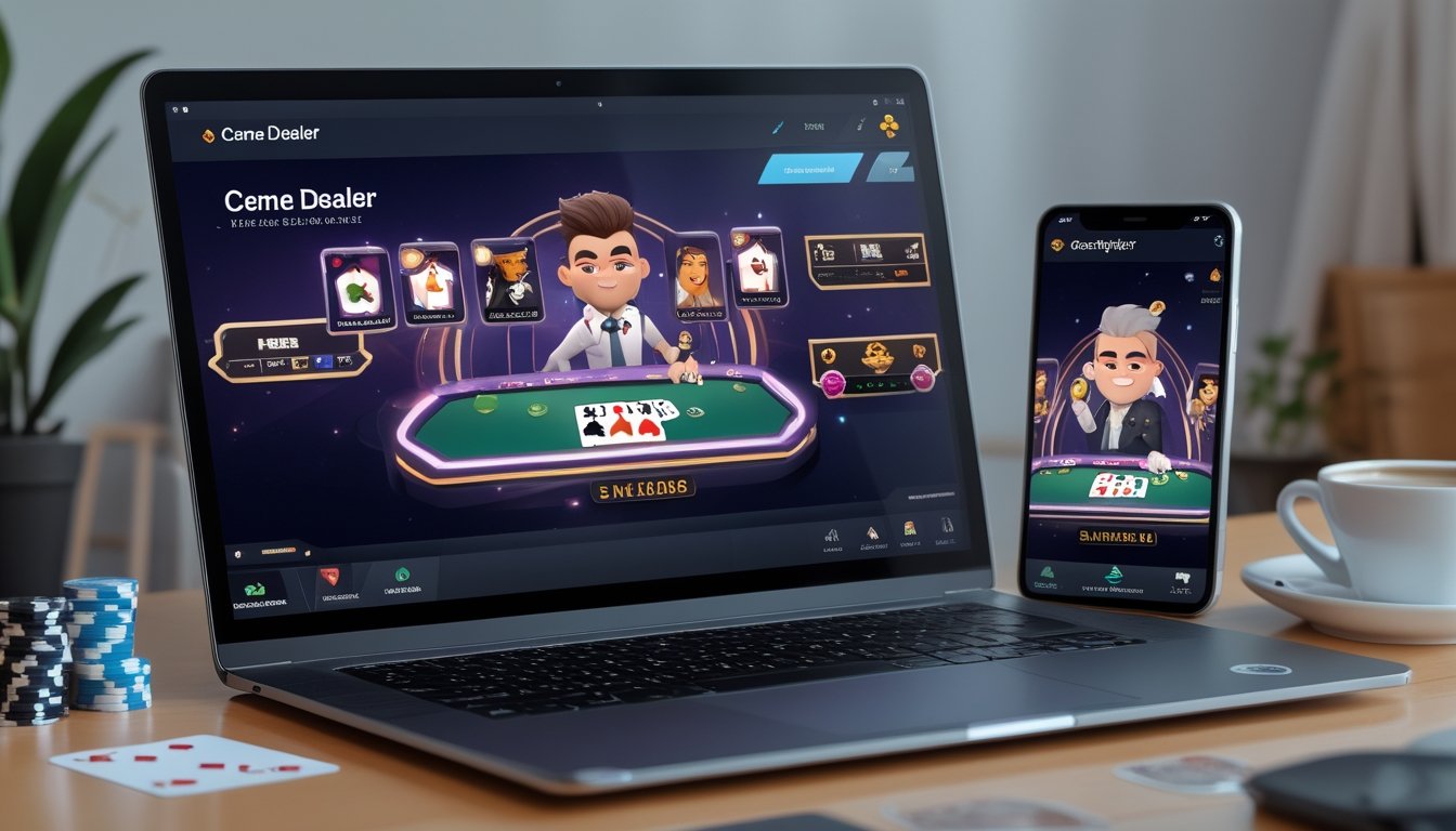 Seorang pengguna sedang bermain permainan kartu digital di laptop dan ponsel di meja kerja dengan chip poker dan kartu bermain di sekitar.