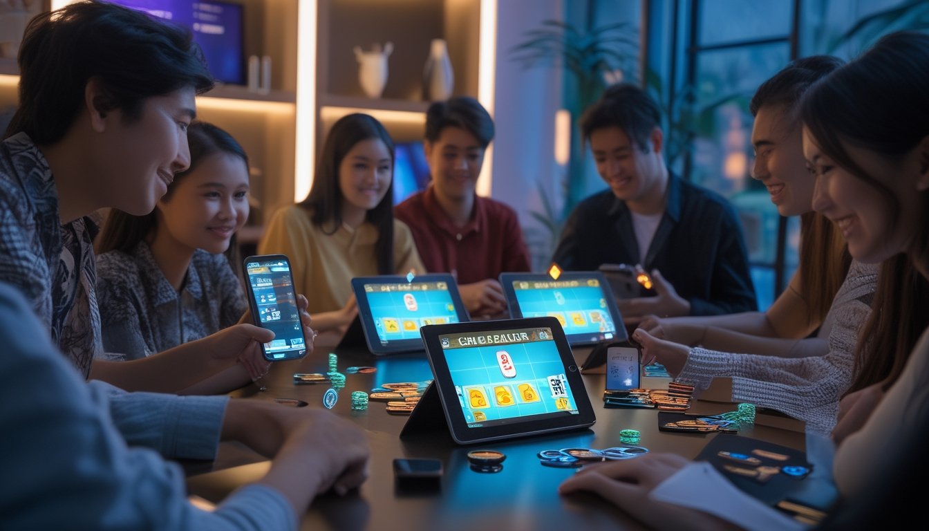 Sekelompok orang muda sedang bermain permainan kartu digital bersama di meja dengan tablet dan ponsel di ruangan yang nyaman.