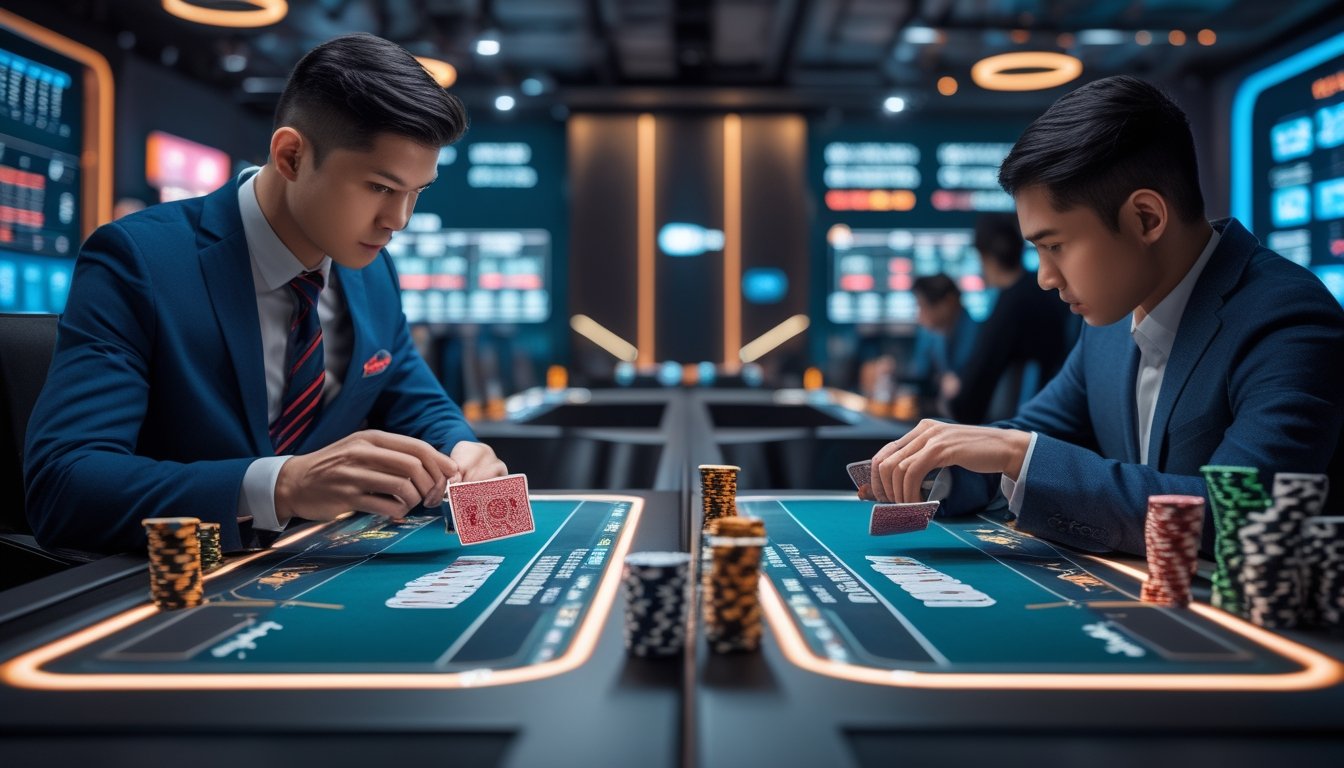 Seorang dealer dan pemain kartu sedang bermain di meja permainan dengan suasana serius dan fokus.