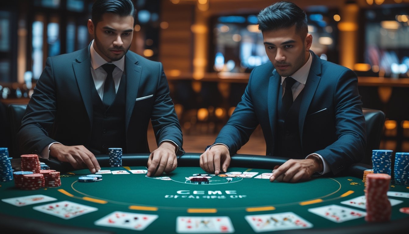 Meja kasino dengan dua pemain yang sedang bermain Ceme, satu sebagai dealer dan satu sebagai pemain, dengan kartu dan chip di atas meja.