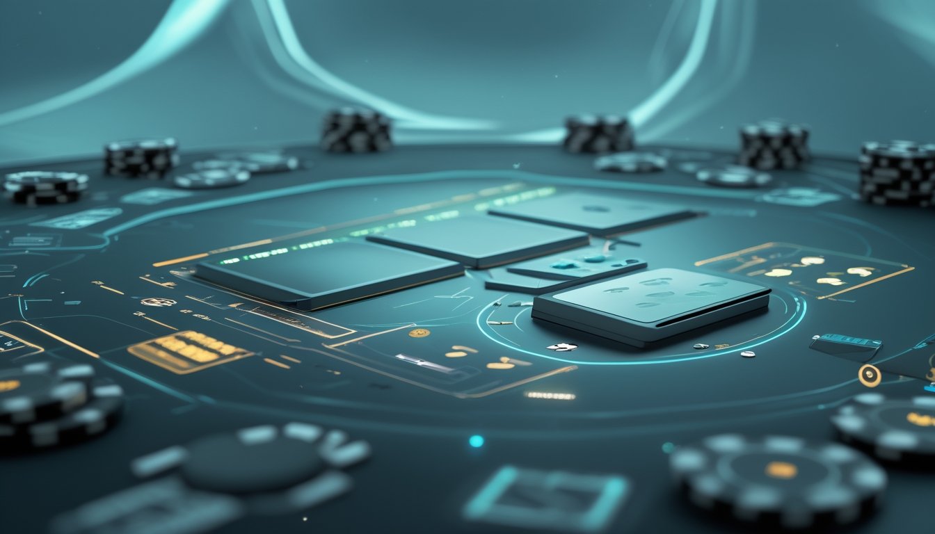 Tampilan meja permainan digital dengan kartu dan chip yang tersusun rapi, menggambarkan suasana permainan Ceme Dealer dan Ceme Fighter.