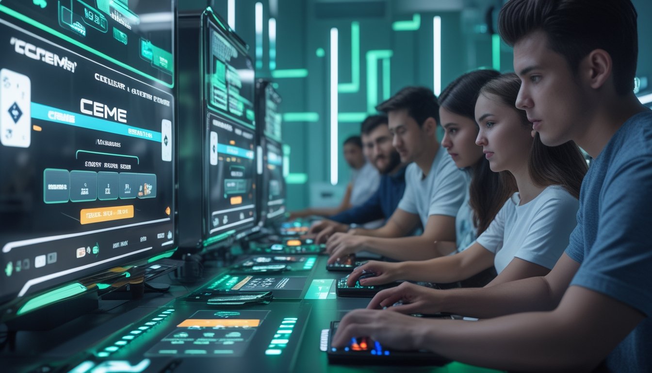 Sekelompok orang muda sedang bermain permainan digital dengan antarmuka modern dan perangkat teknologi di ruang kerja berteknologi tinggi.