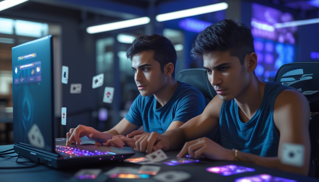 Dua orang muda sedang bermain permainan kartu Ceme secara online dengan serius di depan laptop dalam ruangan modern.