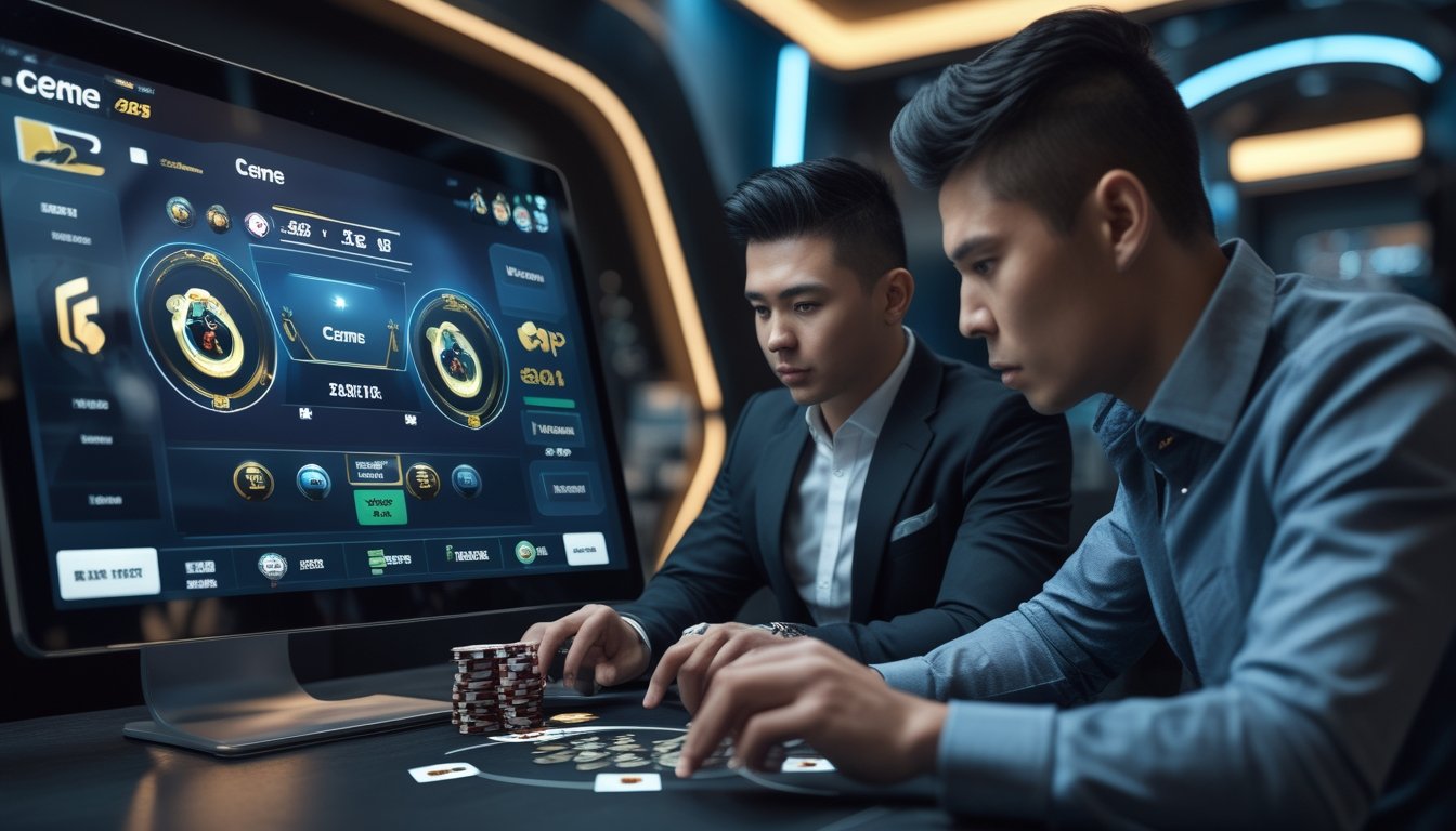 Seorang dealer dan pemain sedang bermain permainan Ceme online dengan layar komputer yang menampilkan permainan dan suasana ruang permainan yang modern.