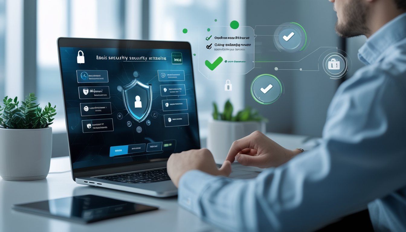 Seseorang menggunakan laptop dengan tampilan platform permainan online yang aman, dikelilingi ikon keamanan dan elemen yang menunjukkan transparansi dan kepercayaan.