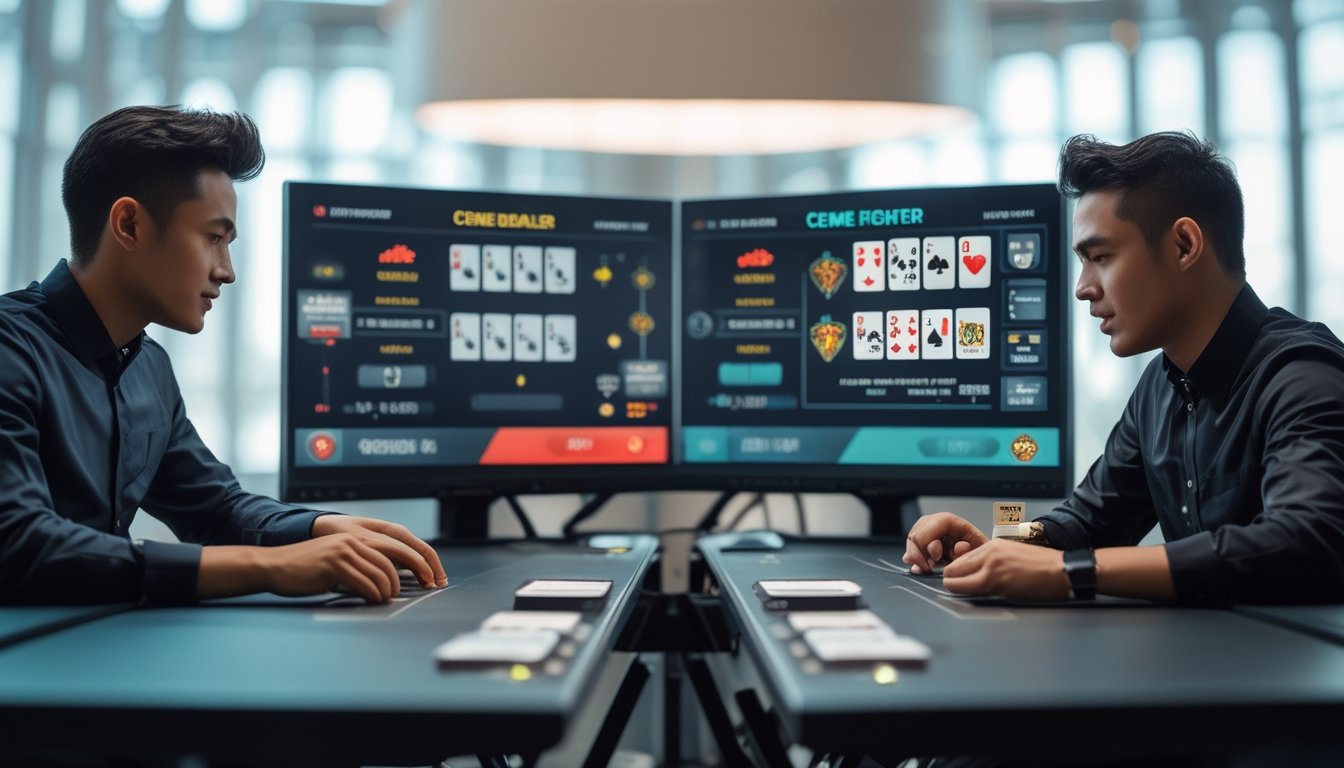 Dua pemain sedang bermain kartu di meja game dengan layar digital yang menampilkan dua mode permainan berbeda, Ceme Dealer dan Ceme Fighter.
