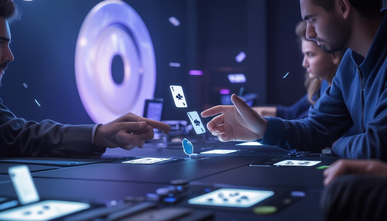 Meja permainan digital dengan kartu virtual dan tangan pemain yang berinteraksi menggunakan layar sentuh dan antarmuka holografik.
