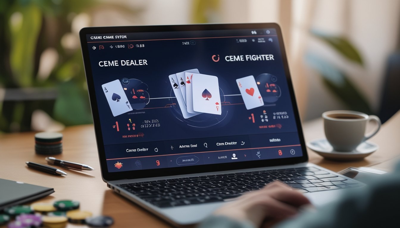 Seseorang menggunakan laptop dengan layar menampilkan kartu permainan Ceme, dikelilingi oleh chip poker dan alat tulis di meja.