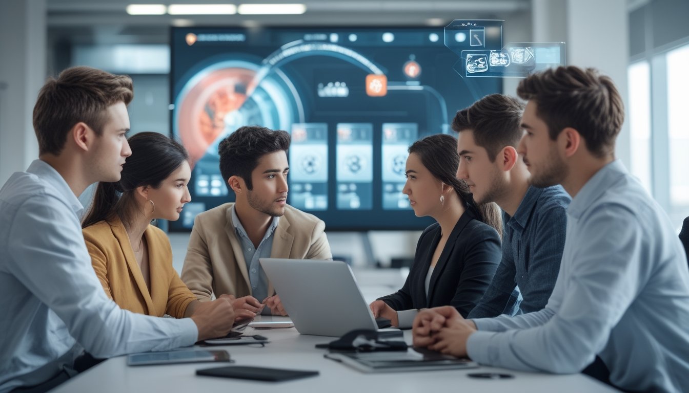 Sekelompok orang muda sedang berdiskusi serius di kantor modern dengan laptop dan tablet, memperhatikan platform permainan online.
