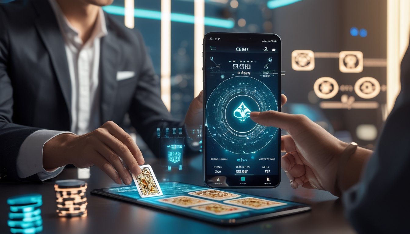 Seorang dealer dan pemain Ceme sedang bermain game kartu digital di perangkat modern dengan latar belakang elemen teknologi futuristik.