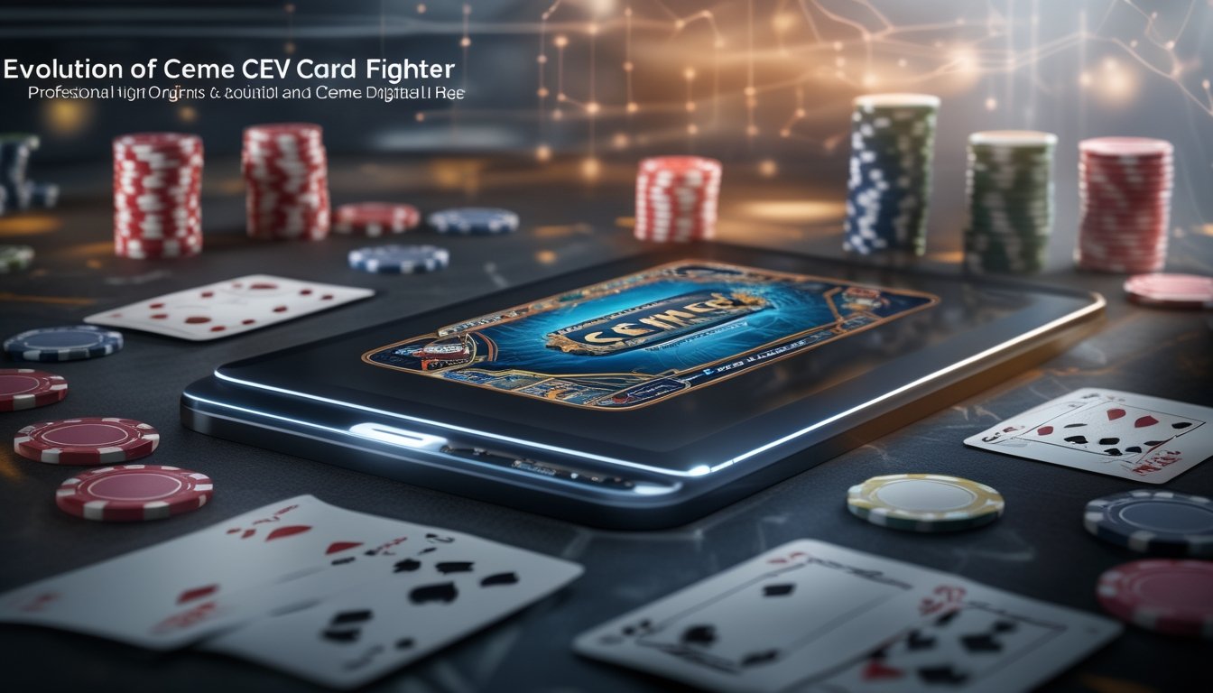 Sebuah perangkat digital menampilkan permainan kartu Ceme dengan kartu dan chip poker di sekitarnya, menggambarkan perpaduan antara permainan tradisional dan era digital.