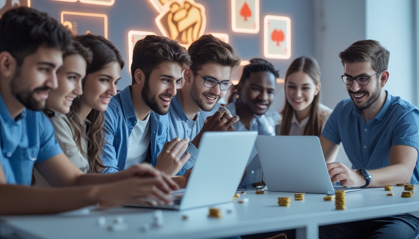 Sekelompok orang muda sedang menggunakan laptop dan ponsel di ruang kerja modern dengan suasana permainan kartu virtual.