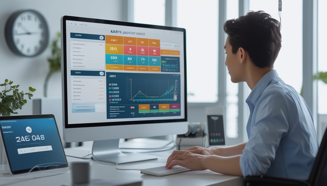 Seseorang menggunakan komputer dengan tampilan platform togel digital di lingkungan kantor yang terang dan rapi.