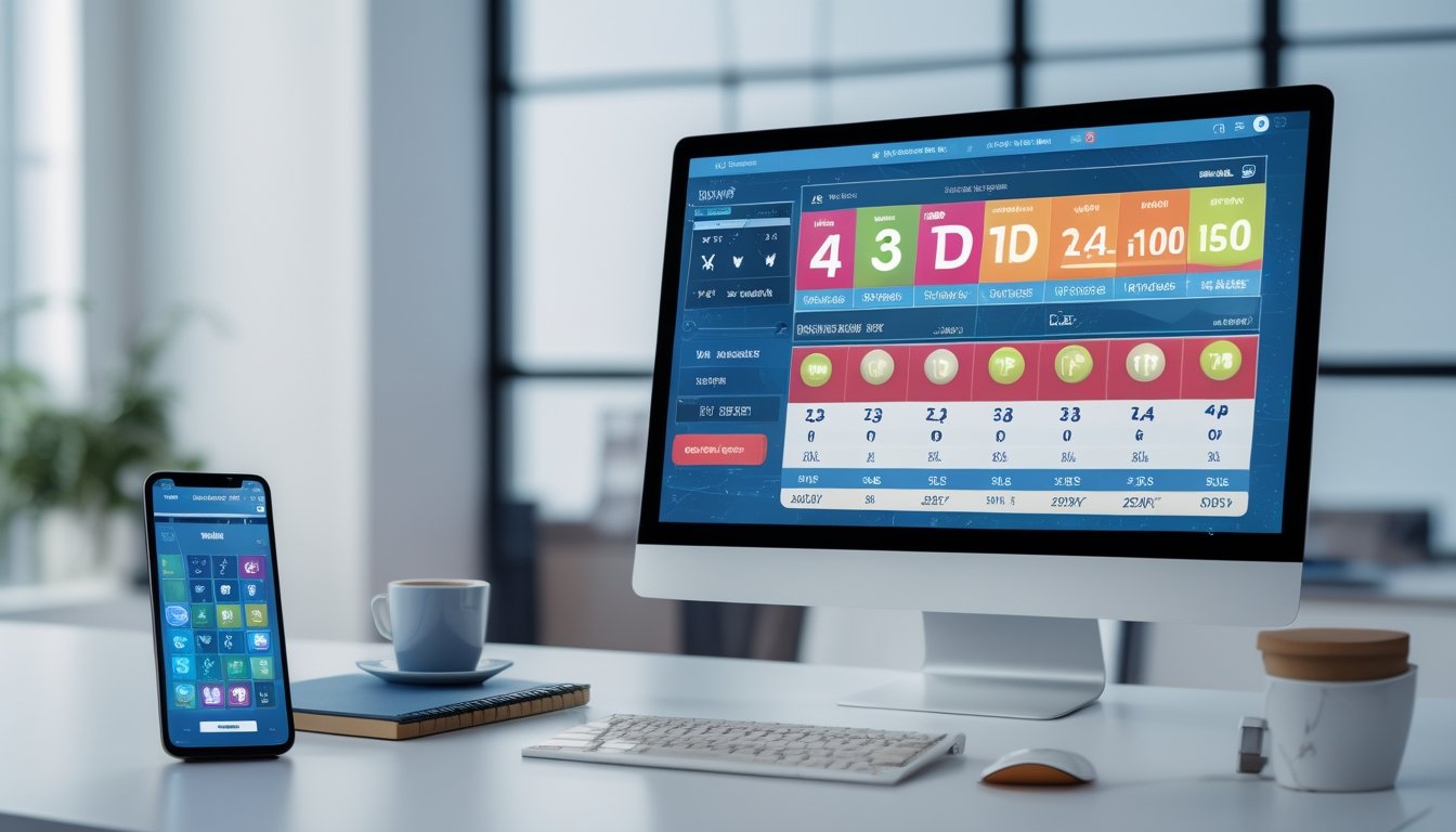 Sebuah layar komputer menampilkan antarmuka platform togel online dengan angka dan grafik togel 4D dan 3D, di sebuah meja kerja dengan ponsel, cangkir kopi, dan buku catatan.