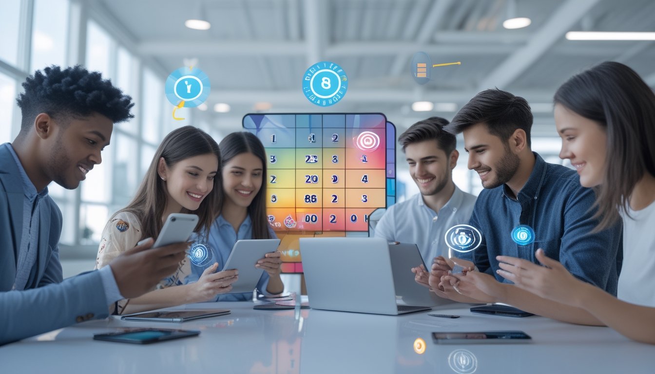 Beberapa orang muda menggunakan perangkat digital untuk bermain togel 3D online dengan latar belakang ruangan modern dan cerah.
